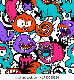 Seamless pattern with cartoon monsters. Urban colorful teenage creative background. Evil creatures in modern comic style.