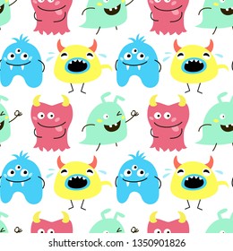 Seamless pattern with cartoon monsters. Vector illustration.