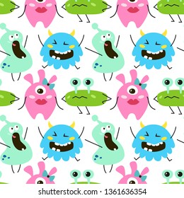 Seamless pattern with cartoon monsters. Vector illustration.