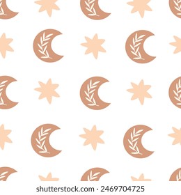 seamless pattern with cartoon moon, decor elements. Colorful vector flat style for kids. Space. hand drawing. baby design for fabric, print, wrapper, textile