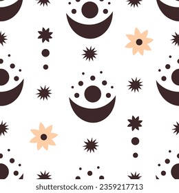 Seamless pattern with cartoon moon, decorative elements. Flat style colorful vector illustration for kids. hand drawing. baby design for fabric, textile, print, wrapper.