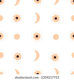 Seamless pattern with cartoon moon, decorative elements. Flat style colorful vector illustration for kids. hand drawing. baby design for fabric, textile, print, wrapper.