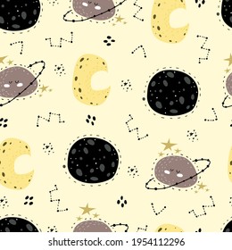 seamless pattern with cartoon moon, planets, stars, decor elements. Colorful vector flat style for kids. Space. hand drawing. baby design for fabric, print, wrapper, textile