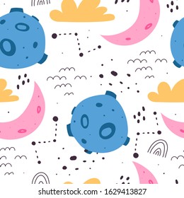 Seamless pattern with cartoon moon, rainbow, clouds, decor elements on a neutral background. kid colorful vector, flat style. hand drawing. baby design for textile, print, fabric, wrapping paper