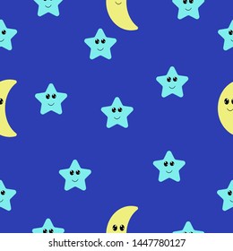 Seamless pattern with cartoon moon and stars. Vector illustration for kids. Funny kawaii drawing. 