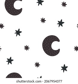 patrón impecable con la luna de dibujos animados, las estrellas. Colorido estilo vectorial plano para los niños. Espacio. dibujo a mano. diseño de bebé para tela, impresión, envoltura, textil