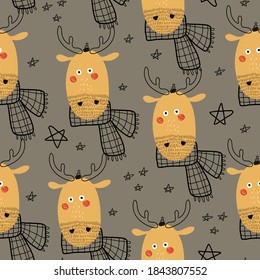 Seamless pattern with cartoon moose, decor elements n a neutral background. Colorful vector flat for kids. hand drawing. baby design for fabric, print, wrapper, textile