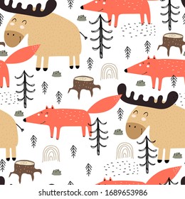 Seamless pattern with cartoon moose, foxes, trees, decor elements. Colorful vector flat for kids. hand drawing. baby design for fabric, print, wrapper, textile