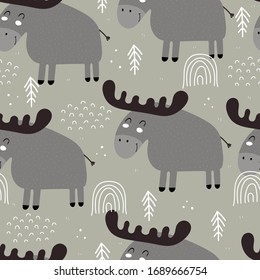 Seamless pattern with cartoon moose, trees, decor elements. Colorful vector flat for kids. hand drawing. baby design for fabric, print, wrapper, textile