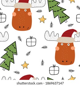 Seamless pattern with cartoon moose, trees, decor elements. Colorful vector flat for kids. hand drawing. baby design for fabric, print, wrapper, textile