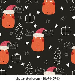 Seamless pattern with cartoon moose, trees, decor elements. Colorful vector flat for kids. hand drawing. baby design for fabric, print, wrapper, textile