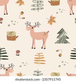Seamless pattern with cartoon moose, trees, decor elements. Childish texture for fabric, textile, apparel, nursery decoration. Hand drawn vector illustration.