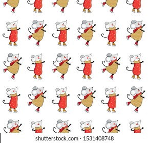 Seamless pattern cartoon mouse skating on ice. Cute mice engaged in winter sports. Christmas background. Funny animal playing in winter. Figure skating. Hand drawn. Scandinavian style.