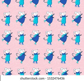 Seamless pattern cartoon mouse skating on ice. Cute mice engaged in winter sports. Christmas background. Funny animal playing in winter. Figure skating. Hand drawn. Scandinavian style.