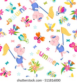 Seamless pattern with cartoon mouses and butterflies. Cute kids background. Vector illustration of summer.