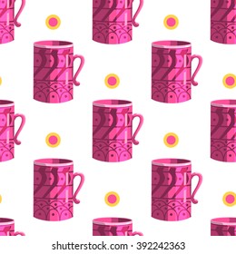 Seamless pattern with cartoon mugs. Illustration with cooking utensils.
