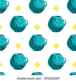 Seamless pattern with cartoon mugs. Illustration with cooking utensils.