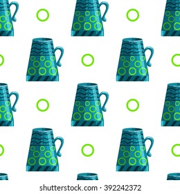 Seamless pattern with cartoon mugs. Illustration with cooking utensils.