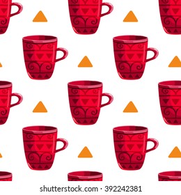 Seamless pattern with cartoon mugs. Illustration with cooking utensils.