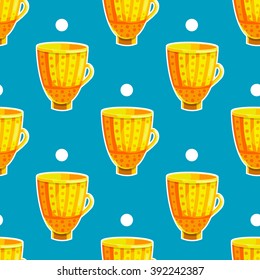 Seamless pattern with cartoon mugs. Illustration with cooking utensils.