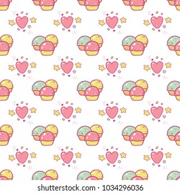 Seamless pattern of cartoon multicolored cupcakes and hearts