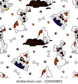 seamless pattern with cartoon multicolored fold dog in different poses. The drawing in the style of hand drawn. The pets eats, shkodnichaet, sits back and plays. Positive character. Vector