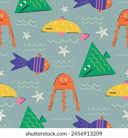 Seamless pattern with cartoon multicolored geometric fish, jellyfish, starfish and waves on a blue background vector illustration