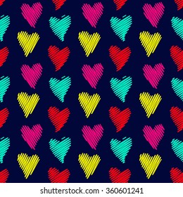 Seamless pattern of cartoon multicolored hearts on dark background