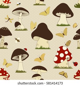 Seamless pattern with cartoon mushrooms