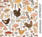 Seamless pattern with cartoon mushrooms and birds and plants on white background