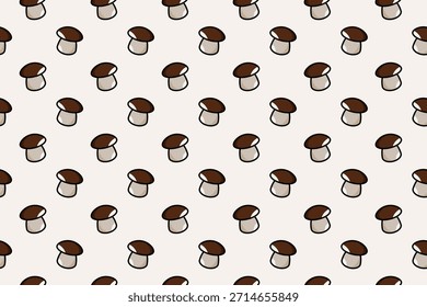 Seamless pattern of cartoon mushrooms with brown caps and beige stems on a light background. Playful nature themed design ideal for textiles, wallpapers, packaging, stationery, and modern decorative