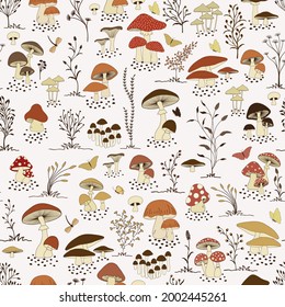 Seamless pattern with cartoon mushrooms and butterflies on white background