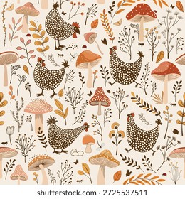 Seamless pattern with cartoon mushrooms and chickens birds and plants, and insects