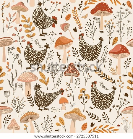 Seamless pattern with cartoon mushrooms and chickens birds and plants, and insects