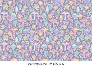 Seamless pattern of cartoon mushrooms in delicate holographic color