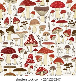 Seamless pattern and cartoon mushrooms   field plants white background 