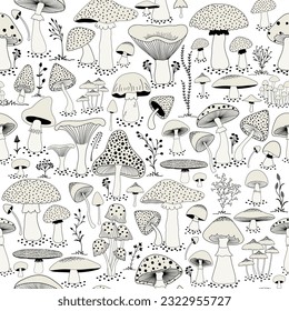 Seamless pattern with cartoon mushrooms and field plants. Black and white illustration.