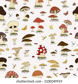 Seamless pattern with cartoon mushrooms  and insects on white background