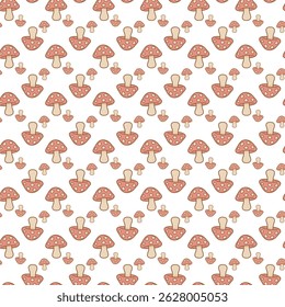 Seamless Pattern of Cartoon Mushrooms on White Background
