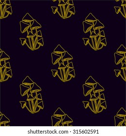 Seamless pattern with cartoon mushrooms on black background. Pattern can be used for fabric, web wallpaper or wrapping paper.