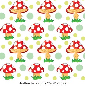 Padrão contínuo de cogumelos de desenho animado na cor vermelha no fundo branco. Padrão para quarto infantil projetado com padrão de bolinhas e grama.