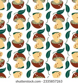 Seamless pattern with cartoon mushrooms with retro foliage. Mushroom background. Vector printing on fabric and wallpaper. Cute mushrooms on a white background