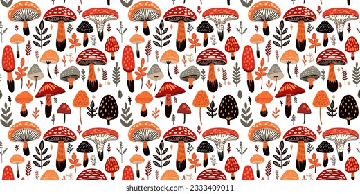 Seamless pattern with cartoon mushrooms, vector illustration