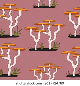 Seamless pattern of cartoon mushrooms. Vector graphic of funny hand drawn mushrooms. For fabric, textile, card, cover, print, background, kids book, magazine.