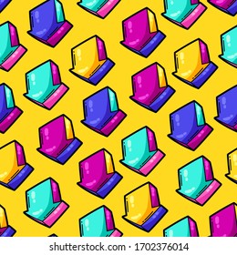 Seamless pattern with cartoon musical download arrows. Music party colorful teenage creative illustration. Fashion symbol in modern comic style.