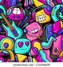 Seamless pattern with cartoon musical items. Music party colorful teenage creative background. Fashion symbol in modern comic style.