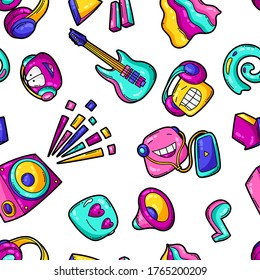 Seamless pattern with cartoon musical items. Music party colorful teenage creative background. Fashion symbol in modern comic style.
