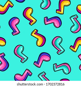 Seamless pattern with cartoon musical notes. Music party colorful teenage creative illustration. Fashion symbol in modern comic style.