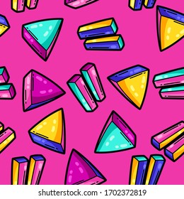 Seamless pattern with cartoon musical play and pause. Music party colorful teenage creative illustration. Fashion symbol in modern comic style.