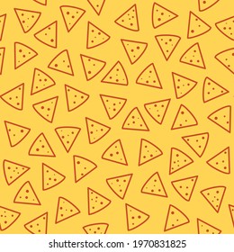 Seamless pattern with cartoon nacho chips a lot on yellow background. Mexican food. Vector illustration